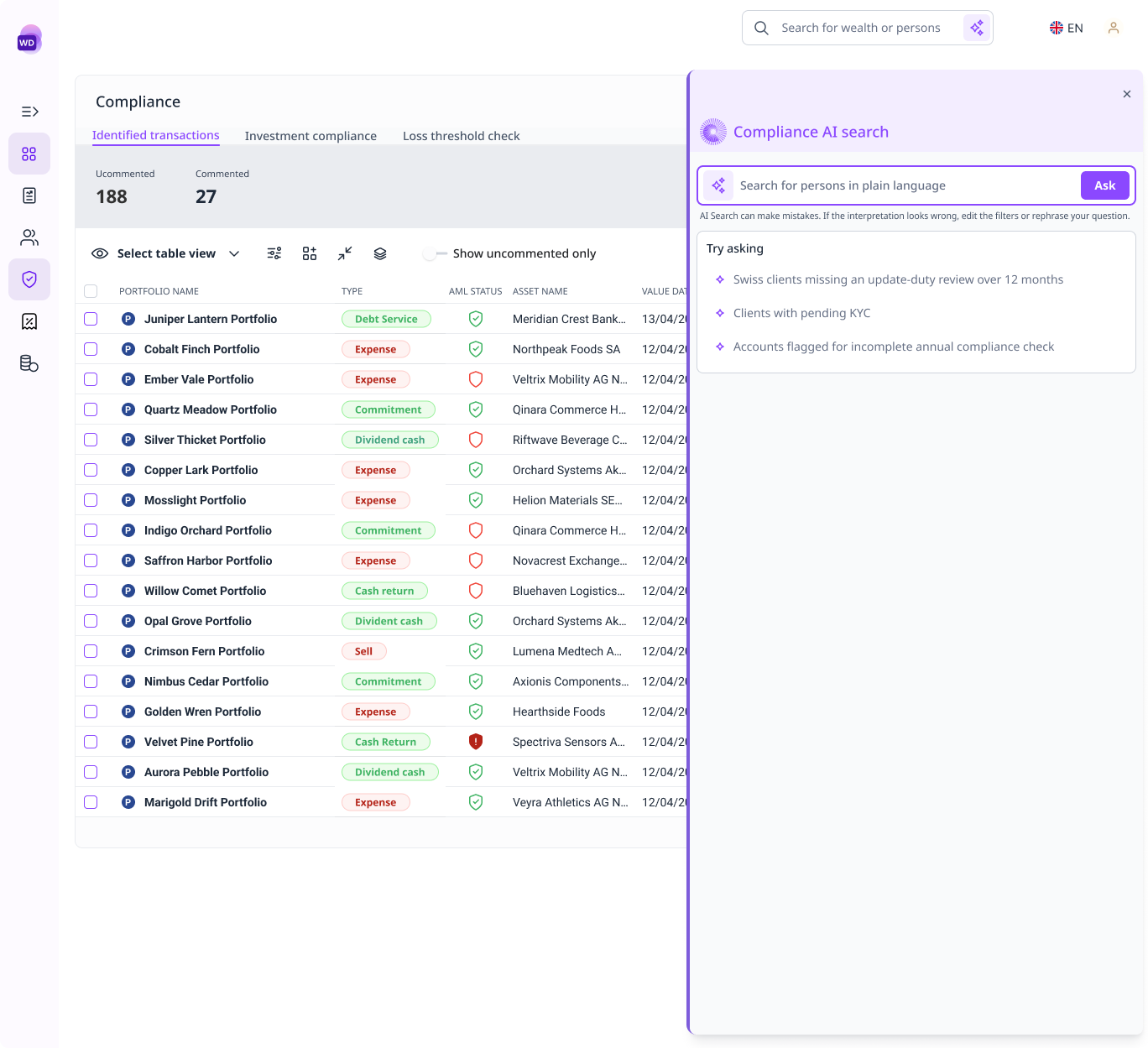 Compliance table with the AI Search panel showing the same filtering question asked in plain language