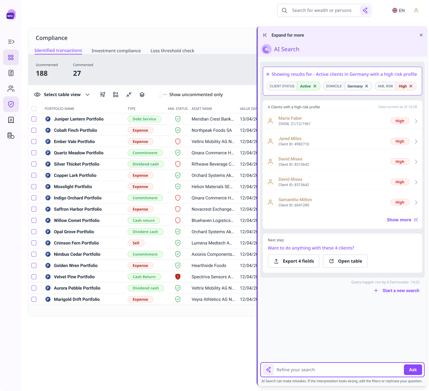 AI Search results view with interpretation chips, unsupported-term notice, and client result cards